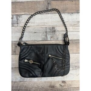 Mango Black Faux Leather Chain Shoulder Bag Skull Zipper Y2K Grunge Rocker Metal